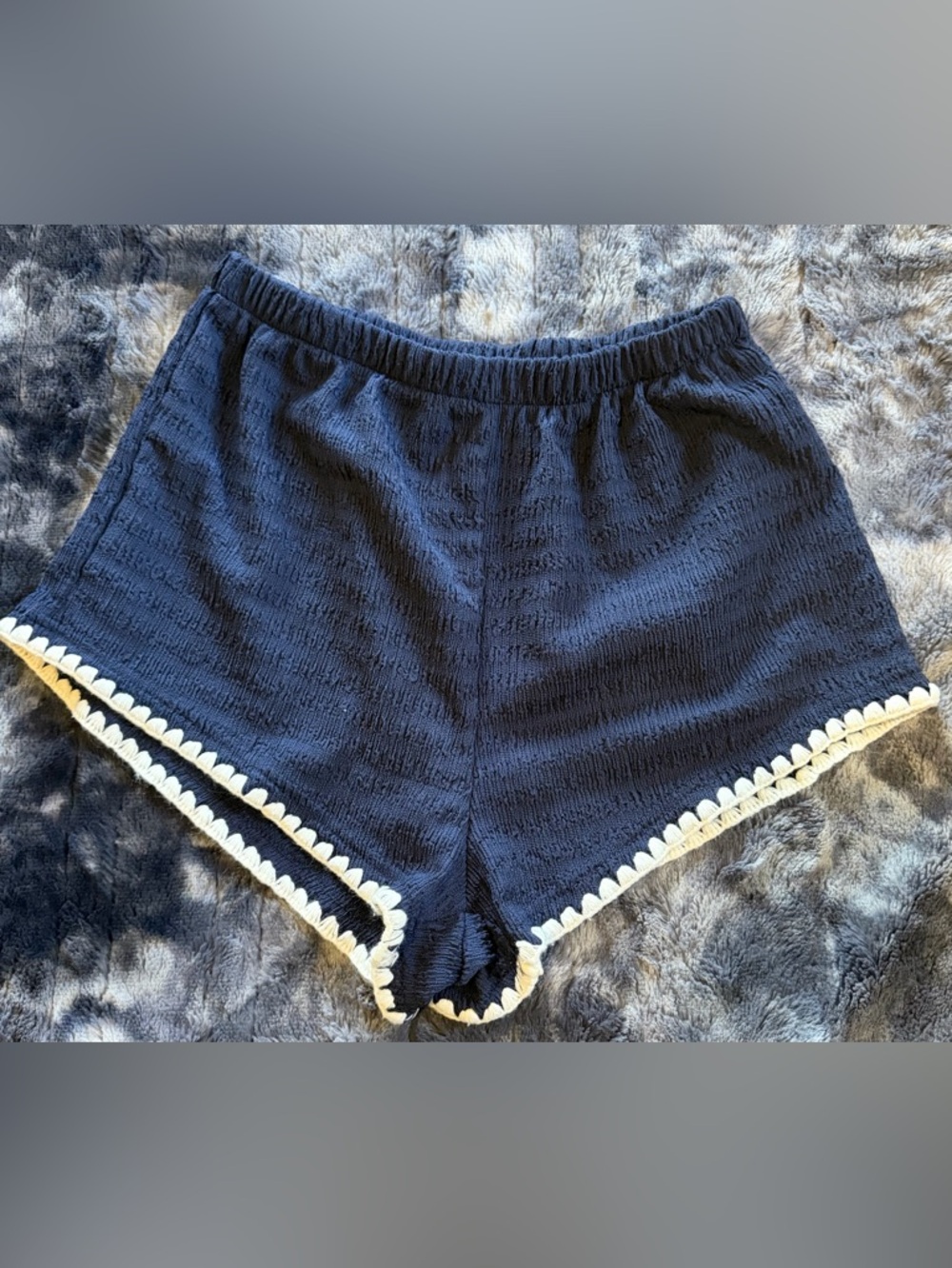 shosho Navy Blue High-Waist Shorts with Cream Crochet Trim